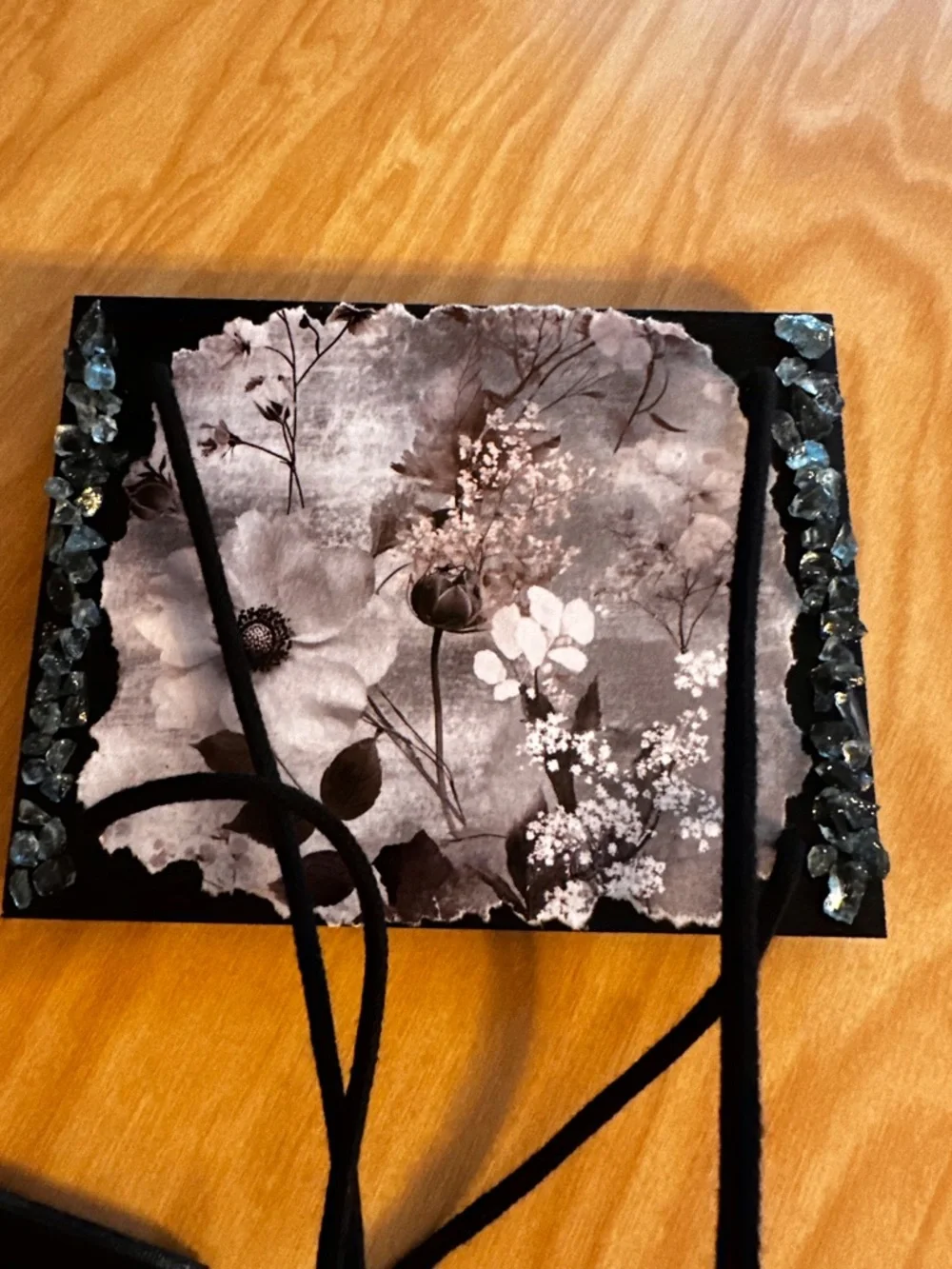 Hand crafted Floral Hanging shelf with Black Cord
